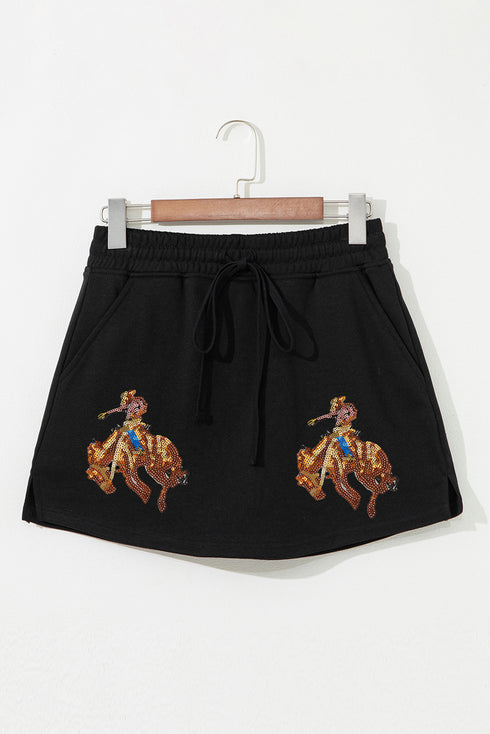 Sequin Western Cowboy Patch Lace Up High Waist Skort